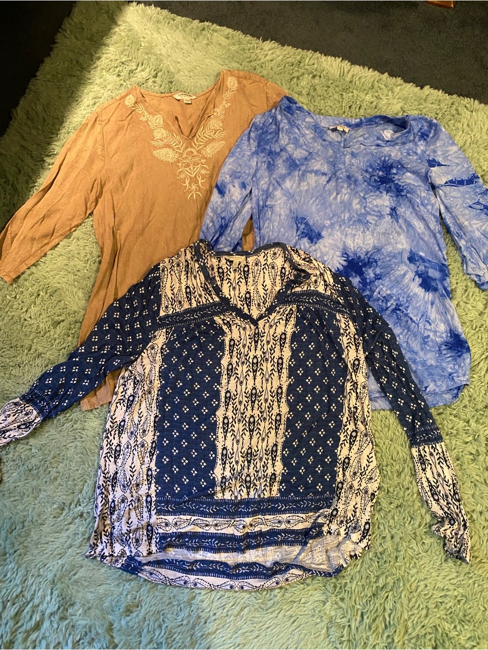 Women’s Lot of 3 Long-Sleeve Tunic Tops - Blue, Tan, Navy LARGE